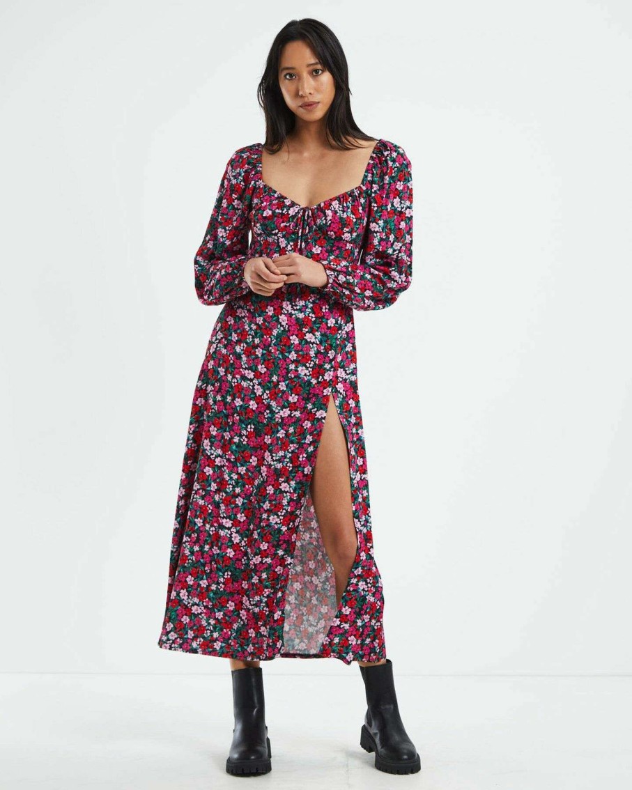 Womens * | Don'T Ask Amanda Special Style Evelyn Puff Sleeve Sweetheart Split Midi Dress